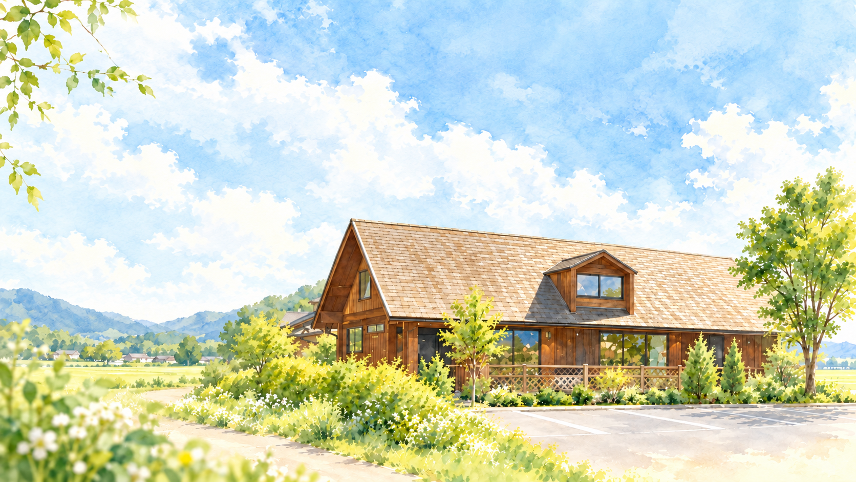 水彩で描かれた有限会社ライフクリエイトの建物